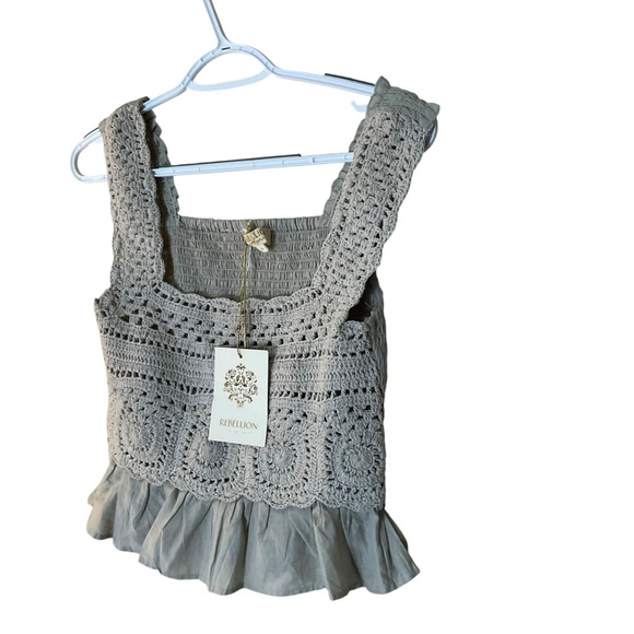 Rebellion Agan Crochet Boho Ruffle Tank Top Gray Size S - Picture 2 of 7